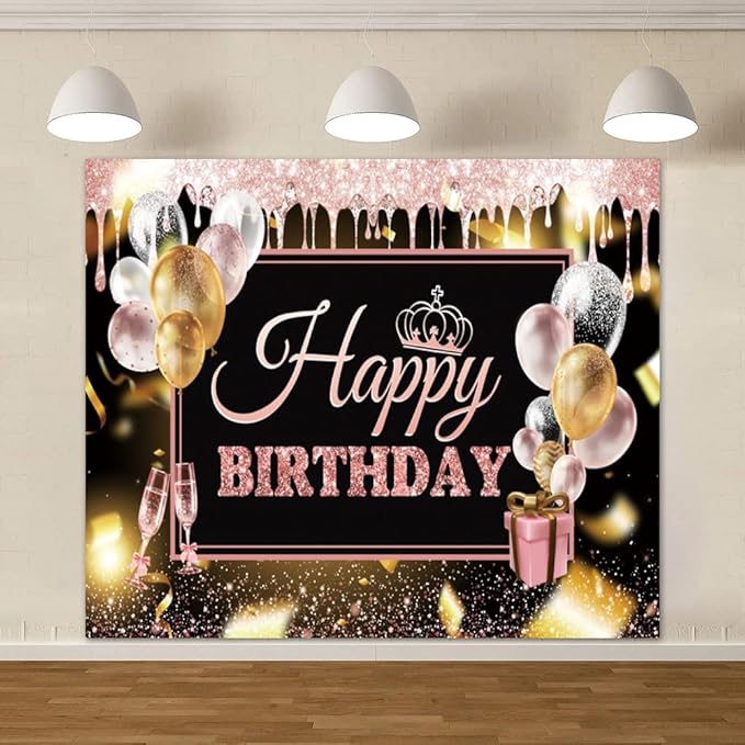 0x8ft Pink Gold Happy Birthday Backdrops Glitter Black Rose Gold Birthday Banners Rose Gold Sign Decoration
