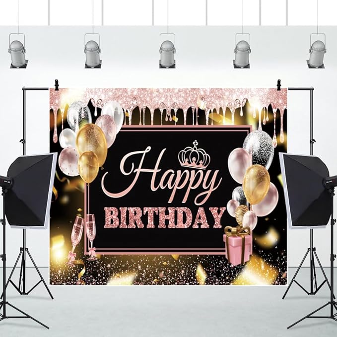0x8ft Pink Gold Happy Birthday Backdrops Glitter Black Rose Gold Birthday Banners Rose Gold Sign Decoration