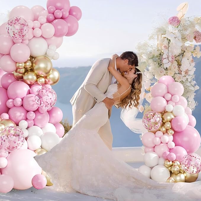 Pink and Gold Balloon Arch Kit, 143Pcs Light Macaron Pink White Gold Balloons Garland Arch Kit Coffetti Balloons for Birthday Wedding Girl Baby Shower Gender Reveal Decorations
