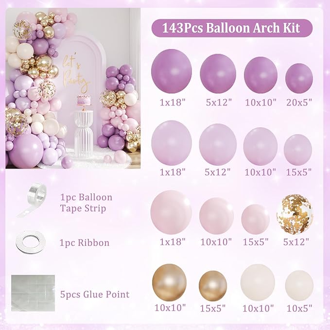 Purple Balloon Arch Kit, 143Pcs Dusty Macaron Pink Purple Lavender Balloons Garland Arch Kit Sand White Gold Confetti Balloons for Birthday Bridal Shower Engagement Wedding Baby Shower Decorations