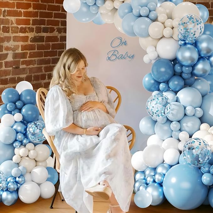 Blue Balloon Arch Kit, 143Pcs Dusty Light Macaron Metallic Blue and Sand White Balloons Garland Arch Kit Confetti Balloons for Birthday Wedding Boy Baby Shower Gender Reveal Decorations