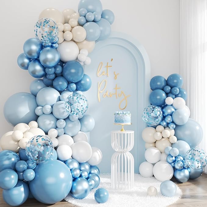 Blue Balloon Arch Kit, 143Pcs Dusty Light Macaron Metallic Blue and Sand White Balloons Garland Arch Kit Confetti Balloons for Birthday Wedding Boy Baby Shower Gender Reveal Decorations