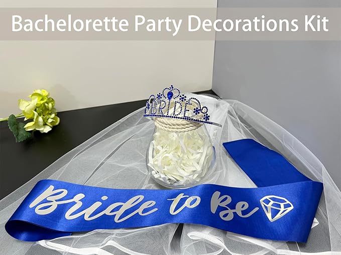 JETKONG 3 Pcs Bachelorette Party Decorations "BRIDE" Crown, Bride to Be Sash&Veil for Women Bachelorette Party Gifts, Bridal Shower Supplies, Gifts, Favors (Dark Blue)
