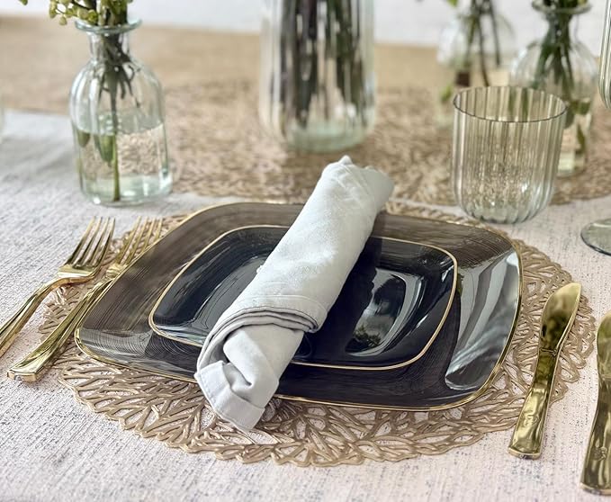 " OCCASIONS " 100 Plates Pack,(50 Guests) Premium Wedding Party Disposable Plastic Plates Set -50 x 10'' Dinner + 50 x 7'' Salad/Dessert (Belize Square in Black & Gold)