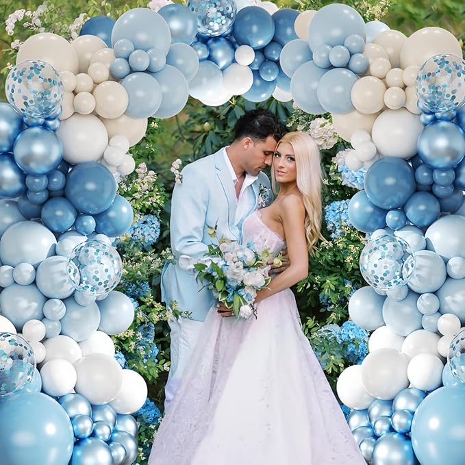 Blue Balloon Arch Kit, 143Pcs Dusty Light Macaron Metallic Blue and Sand White Balloons Garland Arch Kit Confetti Balloons for Birthday Wedding Boy Baby Shower Gender Reveal Decorations