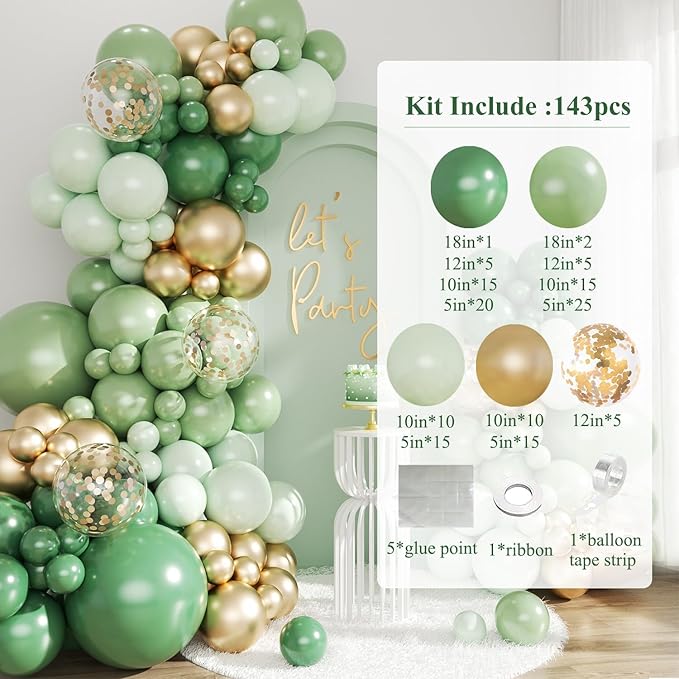 Green and Gold Balloon Arch Kit, 143Pcs Emerald Sage Green Gold Balloons Garland Arch Kit Coffetti Balloons for Hunter Forest Birthday Wedding Baby Shower Gender Reveal Baptism Decorations