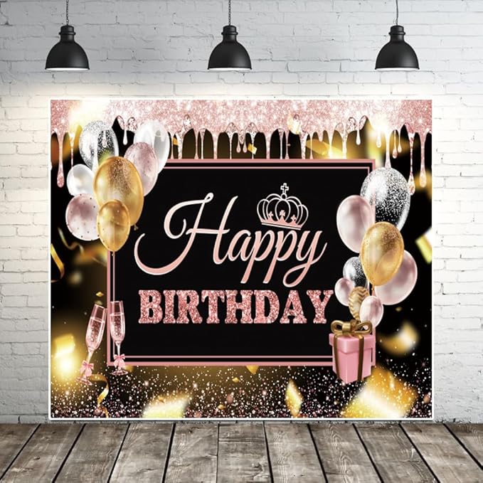 0x8ft Pink Gold Happy Birthday Backdrops Glitter Black Rose Gold Birthday Banners Rose Gold Sign Decoration