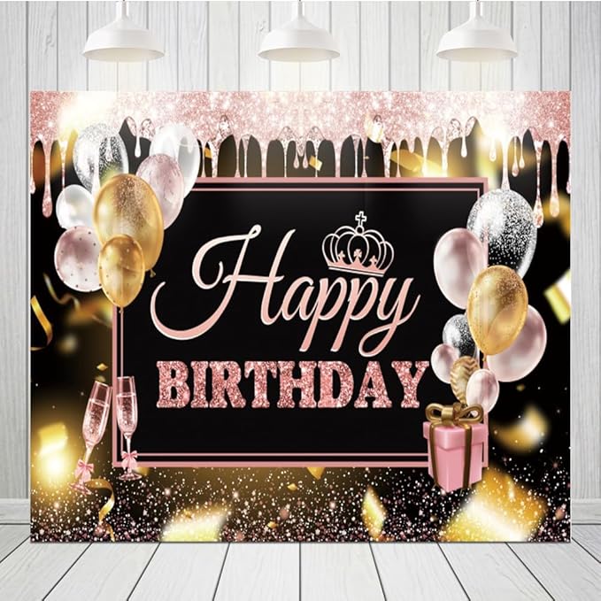 0x8ft Pink Gold Happy Birthday Backdrops Glitter Black Rose Gold Birthday Banners Rose Gold Sign Decoration