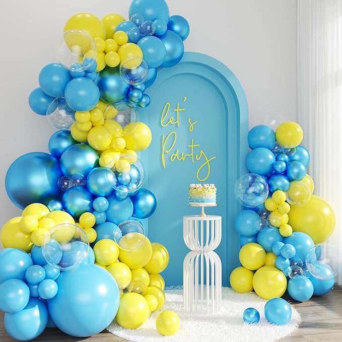 Cartoon Sponge Balloon Garland Arch Kit, 143Pcs Light Metallic Blue Yellow Clear Teal Balloons for Baby Shower Gender Reveal Birthday CartoonThemed Party Decorations