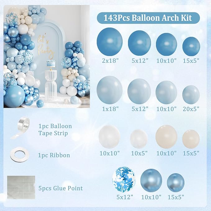 Blue Balloon Arch Kit, 143Pcs Dusty Light Macaron Metallic Blue and Sand White Balloons Garland Arch Kit Confetti Balloons for Birthday Wedding Boy Baby Shower Gender Reveal Decorations