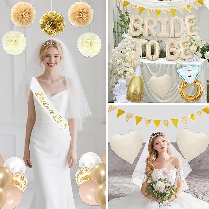 Bridal Shower Decorations Gold White Bachelorette Party Decorations Included Bride to Be Sash Bridal Shower Banner Balloons Bachelorette Veil for Engagement Wedding Married Party Supplies