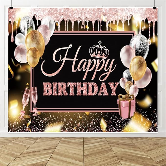0x8ft Pink Gold Happy Birthday Backdrops Glitter Black Rose Gold Birthday Banners Rose Gold Sign Decoration