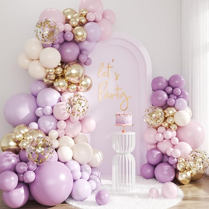Purple Balloon Arch Kit, 143Pcs Dusty Macaron Pink Purple Lavender Balloons Garland Arch Kit Sand White Gold Confetti Balloons for Birthday Bridal Shower Engagement Wedding Baby Shower Decorations