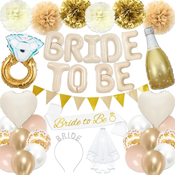 Bridal Shower Decorations Gold White Bachelorette Party Decorations Included Bride to Be Sash Bridal Shower Banner Balloons Bachelorette Veil for Engagement Wedding Married Party Supplies