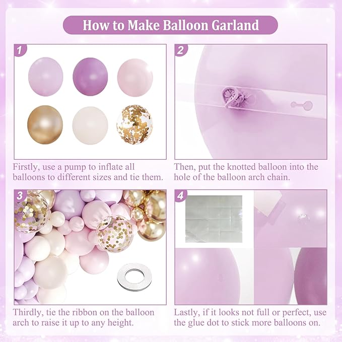 Purple Balloon Arch Kit, 143Pcs Dusty Macaron Pink Purple Lavender Balloons Garland Arch Kit Sand White Gold Confetti Balloons for Birthday Bridal Shower Engagement Wedding Baby Shower Decorations
