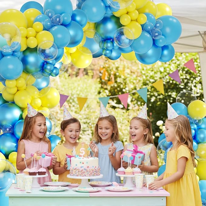 Cartoon Sponge Balloon Garland Arch Kit, 143Pcs Light Metallic Blue Yellow Clear Teal Balloons for Baby Shower Gender Reveal Birthday CartoonThemed Party Decorations