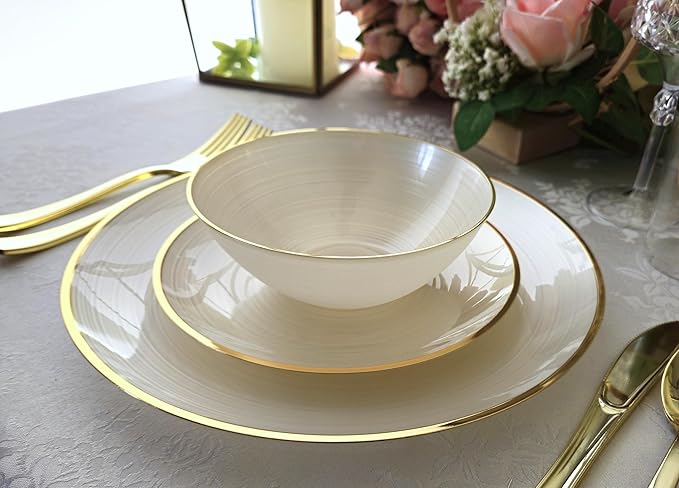 " OCCASIONS " 100 Plates Pack,(50 Guests) Premium Wedding Party Disposable Plastic Plates Set -50 x 10'' Dinner + 50 x 7'' Salad/Dessert (Belize in Ivory & Gold)