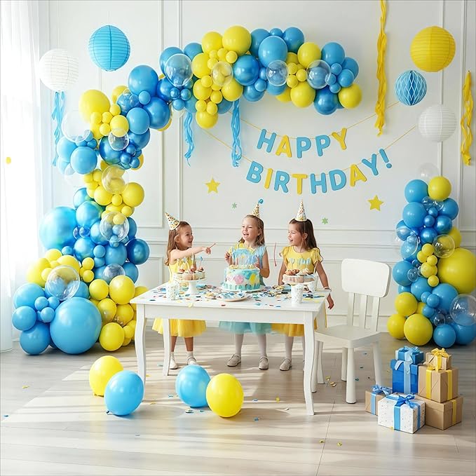 Cartoon Sponge Balloon Garland Arch Kit, 143Pcs Light Metallic Blue Yellow Clear Teal Balloons for Baby Shower Gender Reveal Birthday CartoonThemed Party Decorations