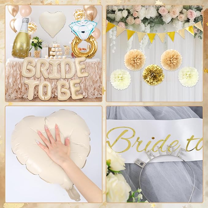 Bridal Shower Decorations Gold White Bachelorette Party Decorations Included Bride to Be Sash Bridal Shower Banner Balloons Bachelorette Veil for Engagement Wedding Married Party Supplies