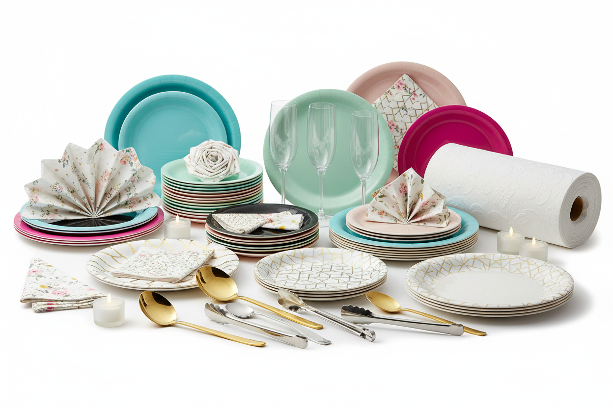 Tableware & Serving Supplies

Make your party table look just as good as the celebration feels. Our disposable and reusable tableware includes plates, cups, napkins, table covers, and serving accessories in a variety of colors and themes. CELEVO tableware is both stylish and practical—perfect for easy cleanup without sacrificing presentation. (make it real photo)